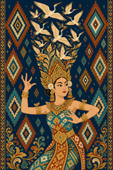 Fototapeta premium Elegant Southeast Asian dancer illustration with ornate costume, flying cranes, and traditional textile patterns, designed for cultural posters, heritage art, travel, and decorative print projects