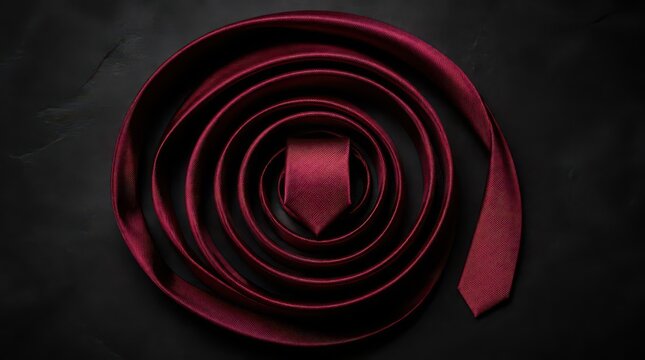Ultra modern composition featuring a series of burgundy silk ties arranged in a spiral pattern on a dark background, elegant cinematic fashion banner showcasing premium men fashion accessories.