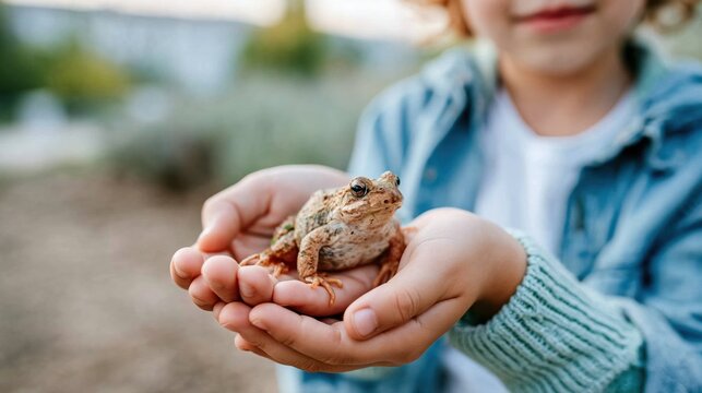 A child gently holds a frog in their hands, showcasing a moment of connection with nature, curiosity, and innocence in a serene outdoor environment.