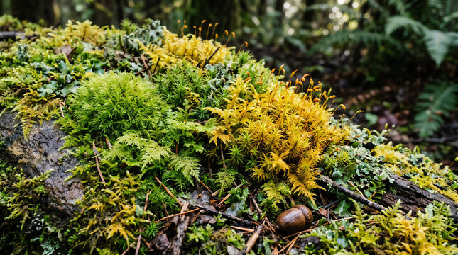 Lush green and yellow moss with small sporophytes and an acorn on a fallen log