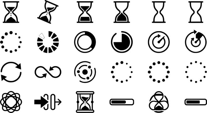 Time Management and Loading Icon Set Featuring Hourglass, Progress Bar, Refresh Arrows, Countdown Timer, Pause Button, and Circular Loading Symbols