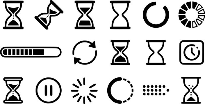 Time Management and Loading Icon Set Featuring Hourglass, Progress Bar, Refresh Arrows, Countdown Timer, Pause Button, and Circular Loading Symbols