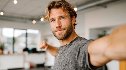Obraz premium A confident young man smiles as he takes a selfie in a gym, embodying fitness enthusiasm and the modern trend of sharing personal achievements on social media.