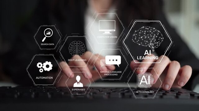AI learning system involves deep learning, supervised machine learning, and natural language processing. AI learning diagram shows how AI advances learn in automation and data processing. Muxer