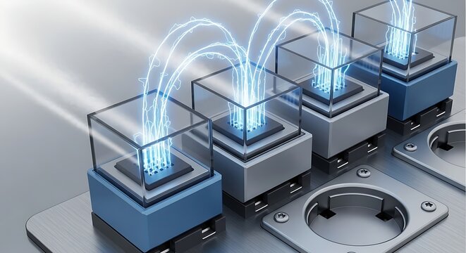 Advanced microchip technology with glowing blue energy streams connecting multiple processors on a metallic surface representing data transfer and innovation