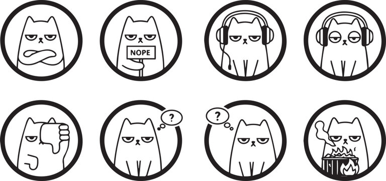 Cute Grumpy Cat Sarcastic Reaction Circle Badge Icon Set, Kawaii Stubborn Kitty Character Sticker Collection, Minimalist Bold Line Art Funny Nope Sign and Thumbs Down Vector Illustration Isolated.