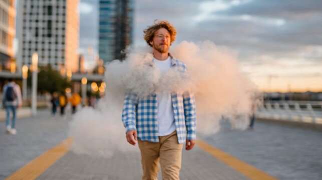 A young man with curly hair confidently walking through a surreal cloud of smoke against a stylish urban backdrop, symbolizing freedom and adventure in life.