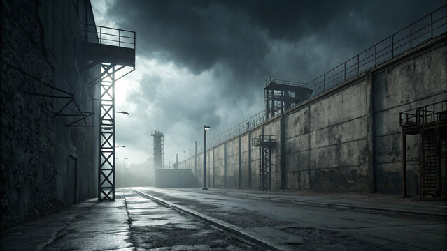 Dark industrial prison yard with high concrete walls and metal towers