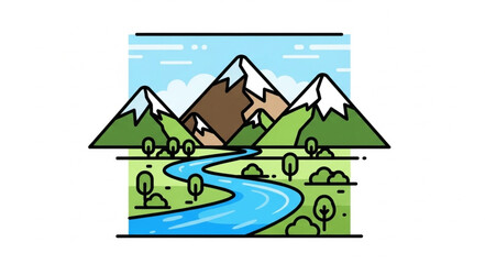 Stylized Mountain Landscape with Winding River and Greenery. © Mutmainah