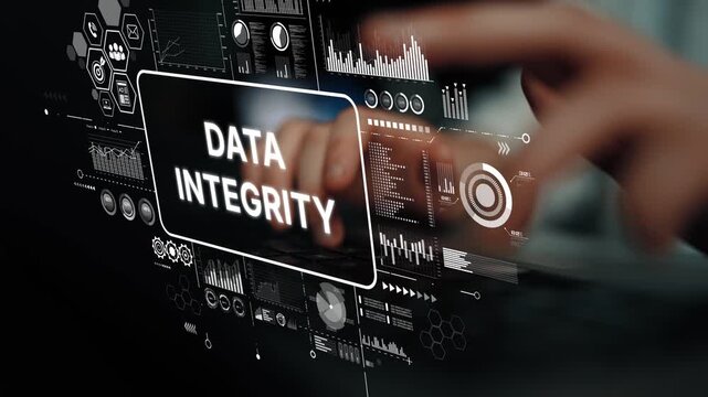 Data Integrity Concept with Digital Interface, Statistical Graphs, and Hands Typing on Keyboard in Dark Background. Asymptotic smart data analytic.