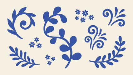 Blue botanical vector elements with leaves flowers and swirls in hand-drawn folk art style for decorative patterns and graphic design © Zyariss