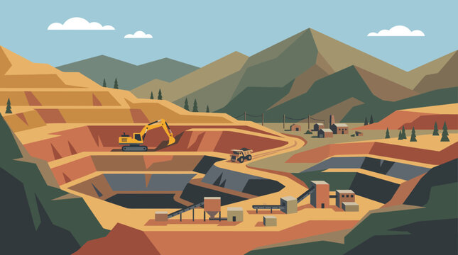 Open pit mine with heavy machinery and mountains