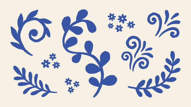 Blue botanical vector elements with leaves flowers and swirls in hand-drawn folk art style for decorative patterns and graphic design