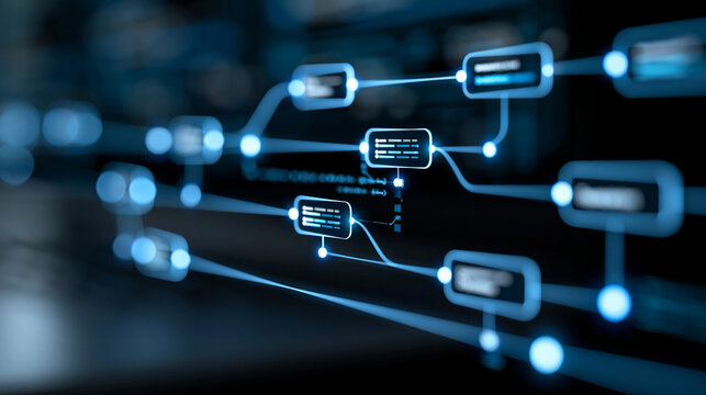 Close-up of an AI agentic workflow automation interface showing agent nodes and data processing triggers, agentic AI concept, autonomous agent photography, workflow database