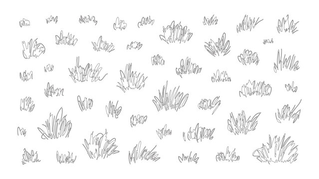 Messy scribble grass tufts collection for conceptual landscape art and nature background.
