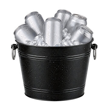 Cooling beverage cans in a black ice bucket with condensation PNG Isolated on transparent background