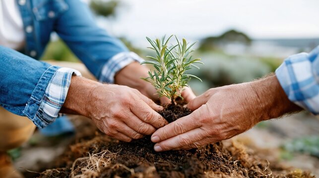 Two hands gently plant a young sapling into nutrient-rich soil, symbolizing dedication to nature and environmental responsibility for a sustainable future.