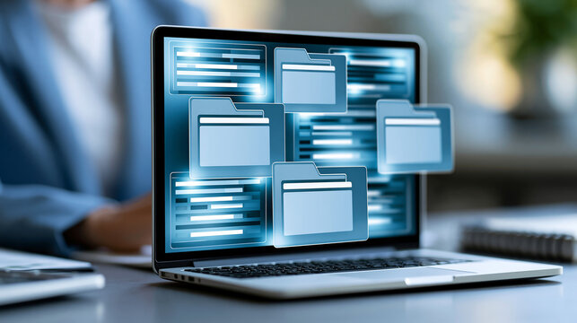Close-up of a workflow automation setup with file upload notification and archiving steps visualized on screen, document management concept, file notification photography,