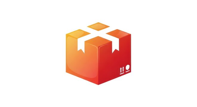 Shiny red and orange isometric gift parcel with white tape