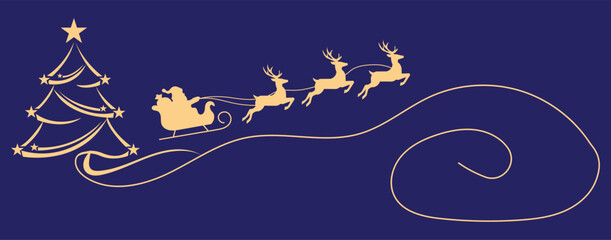 christmas banner santa claus in a sleigh with reindeer and christmas tree. Design elements for decoration holiday poster, flyer, greeting card. Cartoon style. Vector illustration © VectorHive Studio