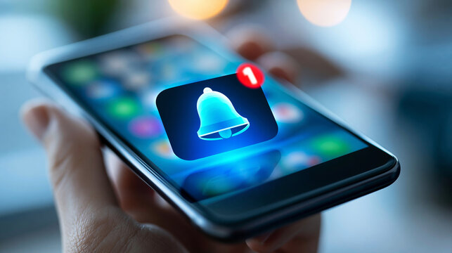 Close-up of a push notification alert concept on a smartphone with unread bell icon, mobile alert concept, notification photography, real-time communication visualization,