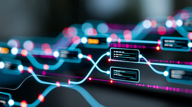 Close-up of a glowing AI workflow automation dashboard showing nodes, triggers and data flow connections, intelligent process management concept, dashboard photography, AI