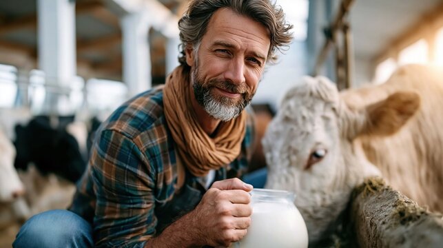 An experienced farmer smiles while holding a jar of fresh milk next to a gentle cow in a rustic barn, illustrating the connection between farming and quality produce.
