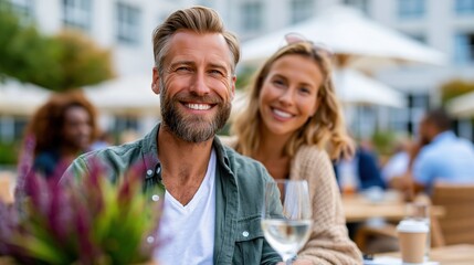 Obraz premium A happy couple sits together at a charming outdoor café, sharing smiles and laughter over drinks, highlighting the essence of companionship and joyful moments in life.