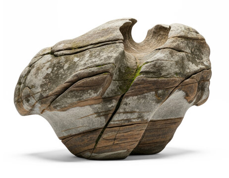 A weathered stone sculpture rests on a transparent background. The sculpture resembles a stylized animal head, possibly a bird or reptile, with intricate, layered textures and patterns.