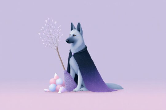 a cute german shepherd dog dressed as a witch with a black and purple cloak, a broomstick in hand, and halloween candy scattered around it.