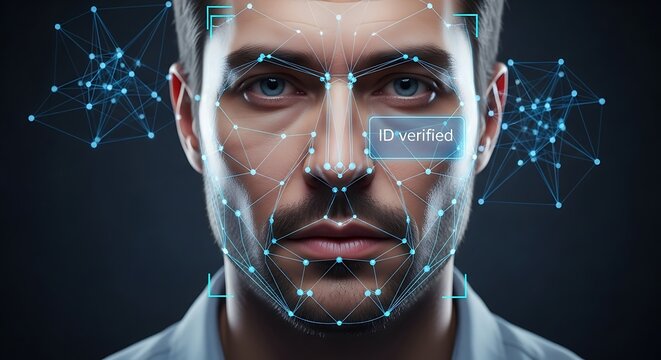 Digital facial recognition technology scanning a mans face for identity security