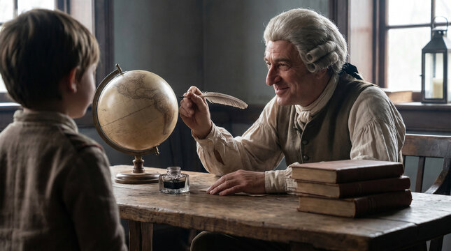 Historical reenactment of a founding fathers tour with a man in period costume teaching a young boy using a globe and quill in a dimly lit study