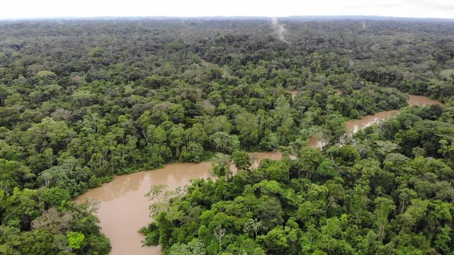 Aerial view of Rio Tiputini in the Ecuadorian Amazon in flood. Very high river levels in February 2022 flooded the forest bordering Rio Tiputini in Yasuni National Park, Orellana province, Ecuador