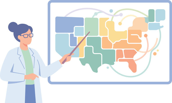 Epidemiologist presenting viral spread data on a national map during a scientific discussion
