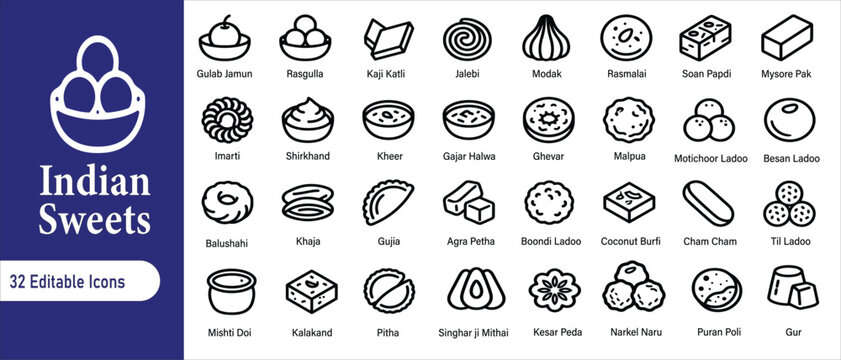 32 editable liner icon set of Indian sweets and desserts.Gulab Jamun, Rasgulla, Kaju Katli, Jalebi, Modak, Rasmalai, Soan Papdi, Mysore Pak, Imarti, Shrikhand, Kheer, Gajar Halwa, Ghevar, Malpua, Moti