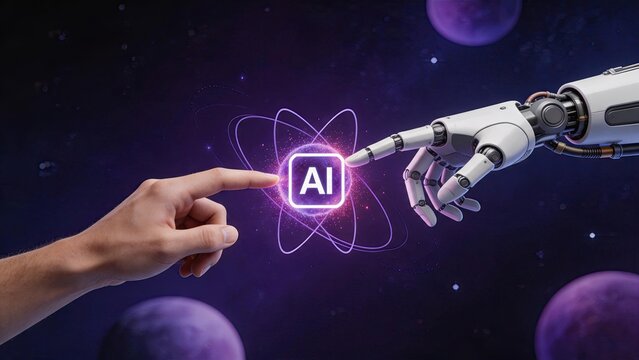 Human hand touching robotic finger with glowing AI atom icon against space background, depicting the collaboration between humanity and artificial intelligence in a futuristic