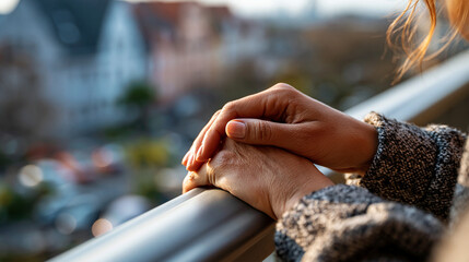Fototapeta premium A close up of a European hand rests on a bright sunny terrace railing overlooking a calm city scene in soft daylight terrace railing faceless detail softly defocused backdrop