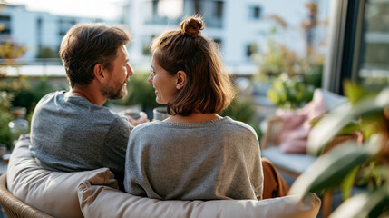 Fototapeta premium A European couple viewed from behind talks softly on a bright home terrace in calm sunny daylight terrace conversation faceless back view bright home daylight workspace soft