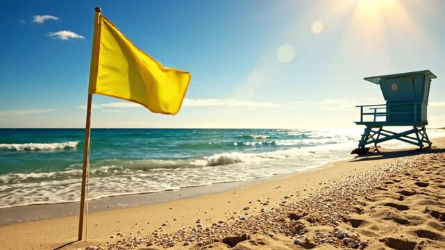 Scenic coastal beach scene on sunny day with a yellow warning flag blowing in the wind next to a lifeguard tower