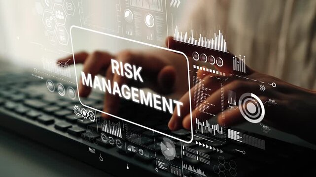 Digital Concept of Risk Management with Hands Typing on Keyboard and Graphical Interface Elements. Asymptotic smart data analytic.
