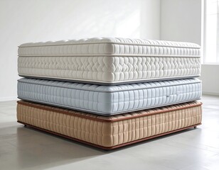 Naklejka premium Stacked Quilted Mattresses Displayed in Bright Minimal Bedroom Interior