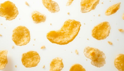 Naklejka premium Crispy golden potato chips floating in the air, isolated on white background, detailed crunchy texture, realistic snack photography with clean minimalist composition