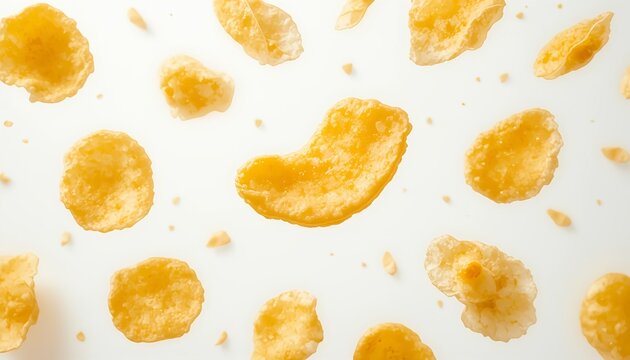 Crispy golden potato chips floating in the air, isolated on white background, detailed crunchy texture, realistic snack photography with clean minimalist composition