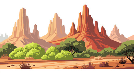 Vibrant desert landscape vector illustration showcasing sandstone mesas and lush green bushes under a bright sky, perfect for travel and nature themes © Purnomo