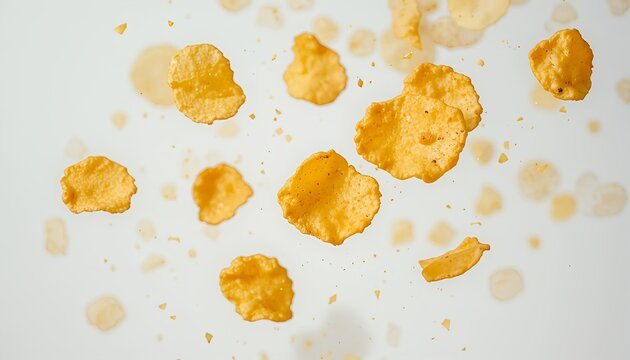 Crispy golden potato chips floating in the air, isolated on white background, detailed crunchy texture, realistic snack photography with clean minimalist composition