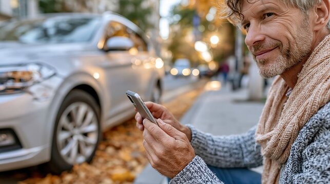 A man sits by a parked car on a city street, looking at his smartphone amidst fallen leaves, showcasing a moment of pause and connection in an urban, autumn backdrop.