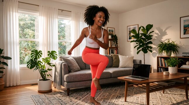 Happy young African American woman with afro hairstyle dancing and exercising in a bright, sunlit modern living room wearing white sports bra and coral leggings