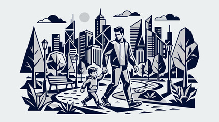 Fototapeta premium Father and son walking hand-in-hand through a modern city park with a prominent skyline in the background, depicted in a graphic, stylized illustration.