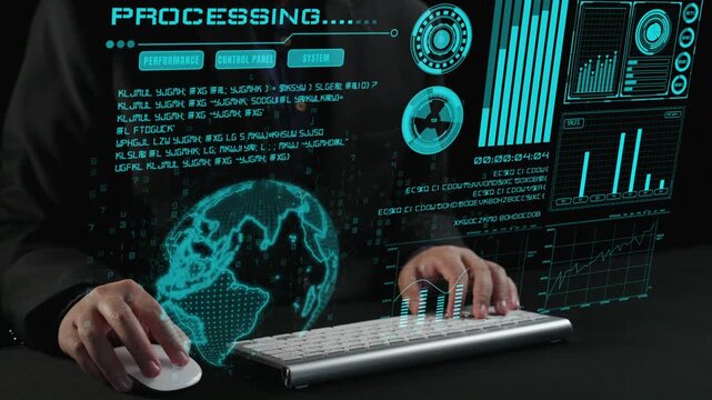 Explore a modern data analytics scene featuring hands typing on a keyboard with a vibrant digital interface displaying processing graphics and informative visuals. Cipher