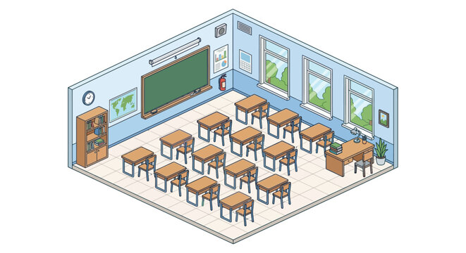 Isometric Classroom Scene With Desks Chalkboard And Educational Materials